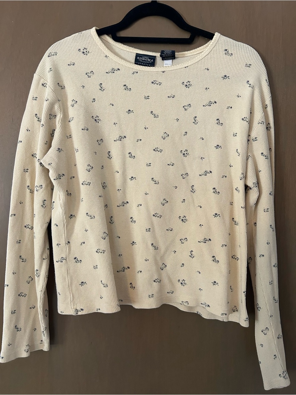 Sonoma Cream Long Sleeve Thermal Top with Tiny Black Floral Print